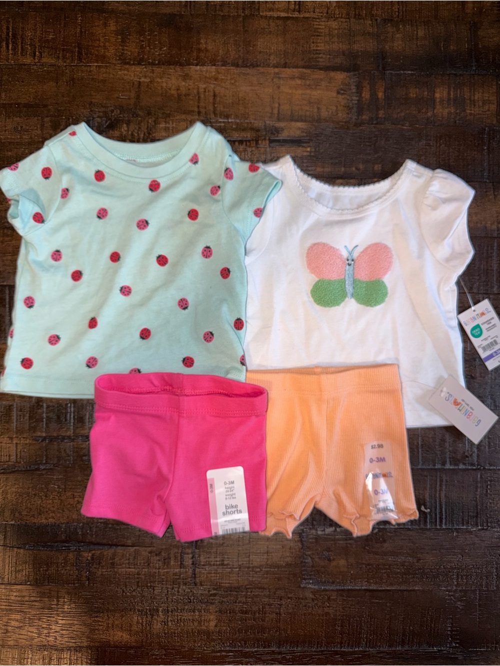 Baby Girl Tee & Shorts Set - Mint Ladybug, White Butterfly, Pink & Peach Shorts